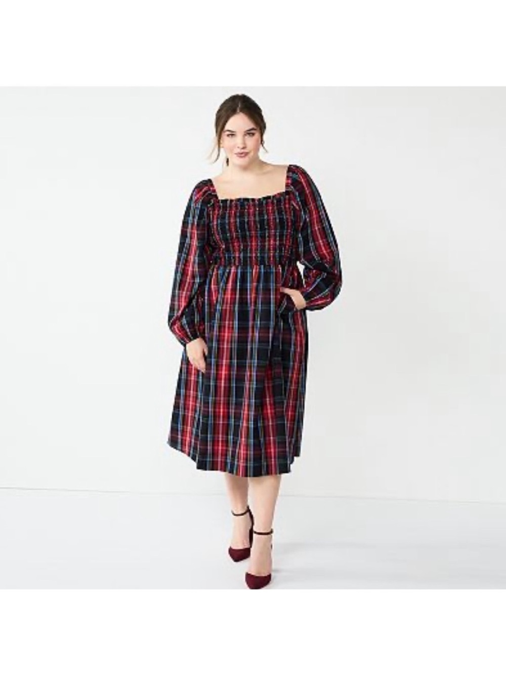 Draper James Red & Black Plaid Smocked Square-Neck Midi Dress
